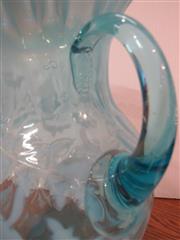VINTAGE AQUA BLUE OPALESCENT ART GLASS FLOWER & LEAF RUFFLED/PLEATED RIM 9.5